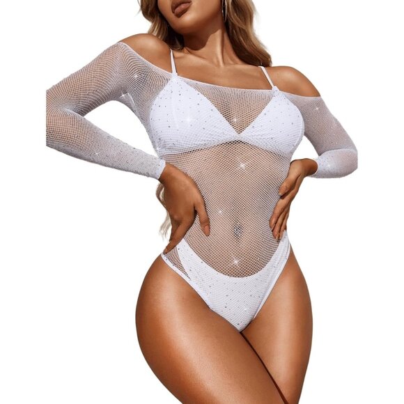 Women White 1 Lingerie Fishnet Teddy Sparkle Rhinestone 1 Piece Mesh Bodysuit - Picture 2 of 5